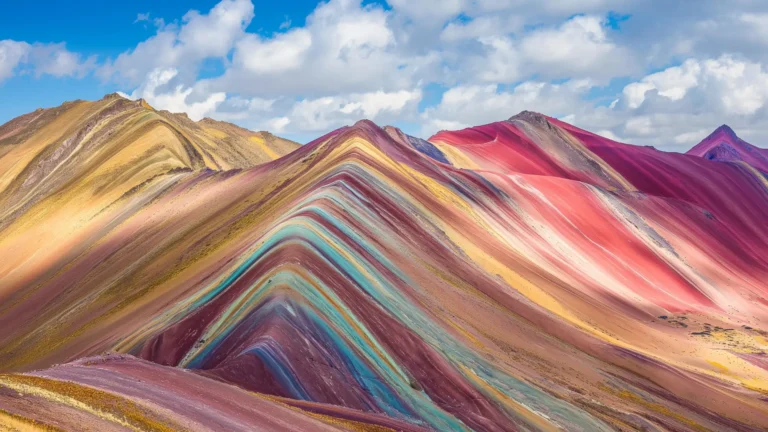 A clear, vibrant panoramic view of the colorful mineral stripes of Vinicunca, Peru's famous Rainbow Mountain, under a bright blue sky with clouds – Qosqo Expeditions