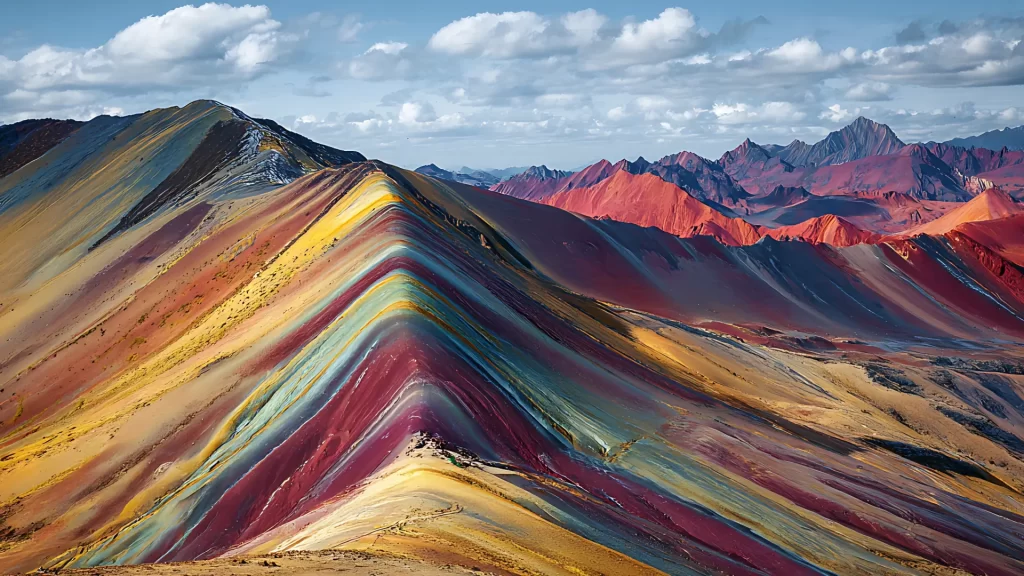 A wide panoramic shot of the stunning, undulating multi-colored geological formations of Rainbow Mountain, showcasing its vibrant stripes under a dramatic sky, best explored with a rainbow mountain guide. - Qosqo Expeditions
