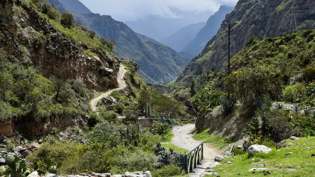 A picturesque dirt path winding through a verdant Andean valley with steep, green mountains on either side and a small wooden bridge, leading towards the wonders of a short Inca Trail luxury adventure. - Qosqo Expeditions