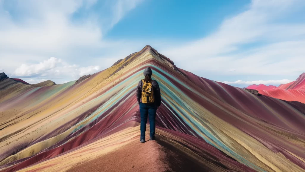 A lone traveler standing on the narrow ridge of Rainbow Mountain, facing away, overlooking its vibrant multi-colored slopes under a clear sky, often explored with a dedicated rainbow mountain guide. - Qosqo Expeditions