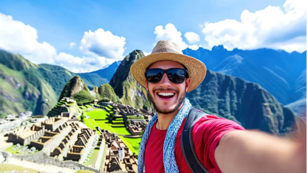 A happy male traveler in a hat and sunglasses taking a selfie with the iconic Machu Picchu citadel and surrounding mountains in the background, a highlight of any Peru itinerary. - Qosqo Expeditions
