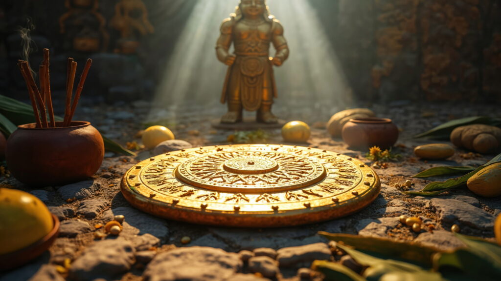 A mystical scene of an Inca ceremonial altar, featuring a golden sun disc on the ground with offerings, incense, and a golden statue of an Inca deity like Inti in the background, illuminated by divine light – Qosqo Expeditions
