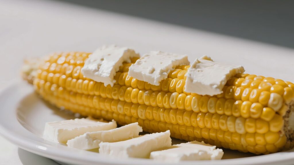 A close-up of a cooked Peruvian giant corn cob (choclo) on a white plate, served with slices of fresh Andean cheese (queso) on top – Qosqo Expeditions