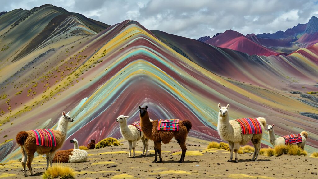 Llamas with traditional blankets standing before Rainbow Mountain highlighting Andean wildlife Peru trek scenery.-Qosqo Expeditions