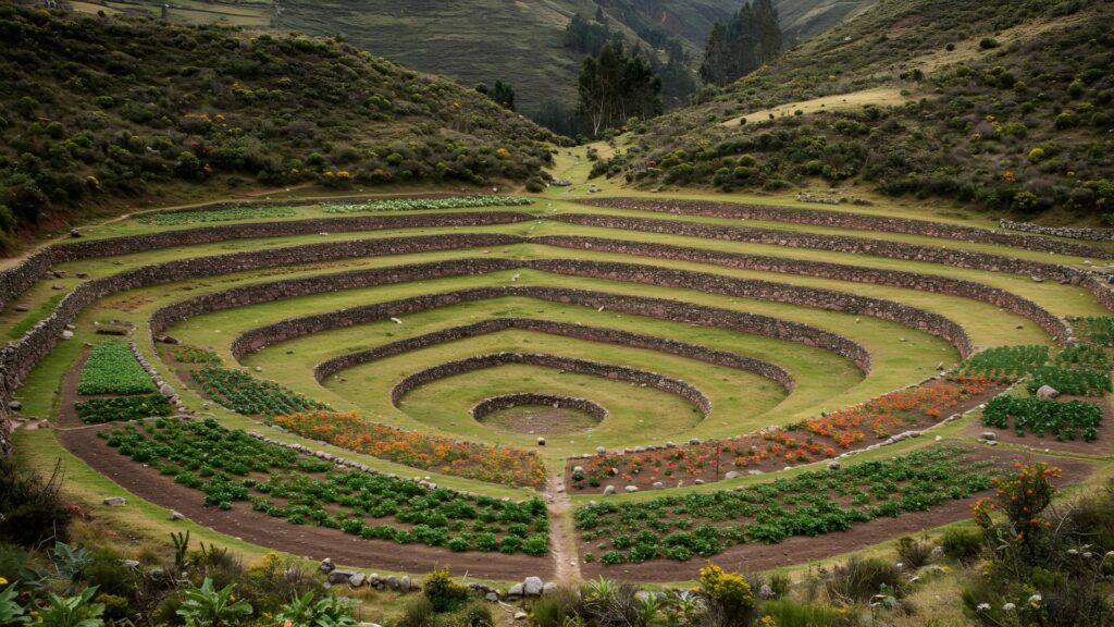 Concentric agricultural terraces at Moray surrounded by green hills—an iconic example of the Moray Inca ruins.-Qosqo Expeditions