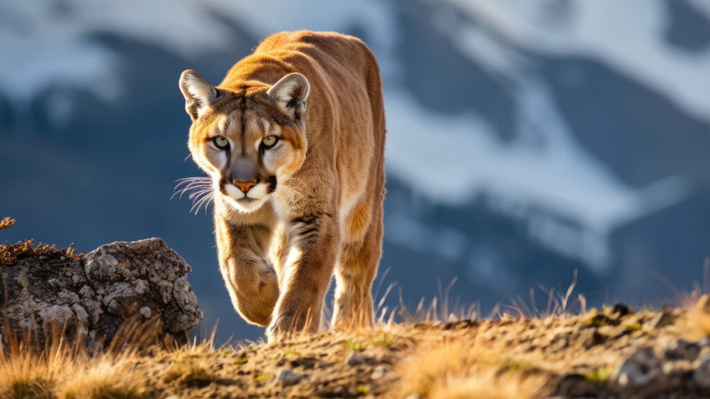 Mountain lion walking through high-altitude terrain with snow-covered peaks—wildlife sighting on the Andean wildlife Peru trek.-Qosqo Expeditions
