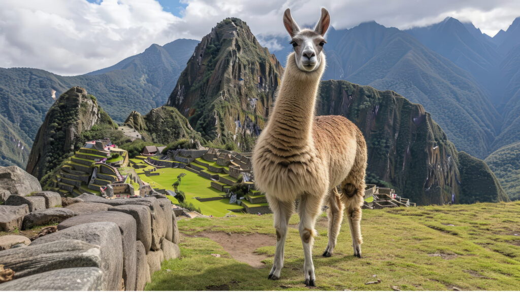 A friendly llama posing for the camera at a classic viewpoint, with the iconic Inca citadel of Machu Picchu and Huayna Picchu mountain in the background, a sought-after shot for a Peru photography guide – Qosqo Expeditions