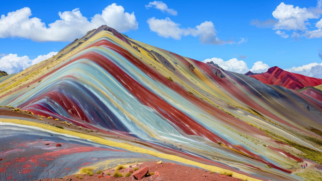 A clear, vibrant shot of the colorful striped slopes of Vinicunca, the Rainbow Mountain, under a bright blue sky with clouds, a top destination in any Peru photography guide – Qosqo Expeditions