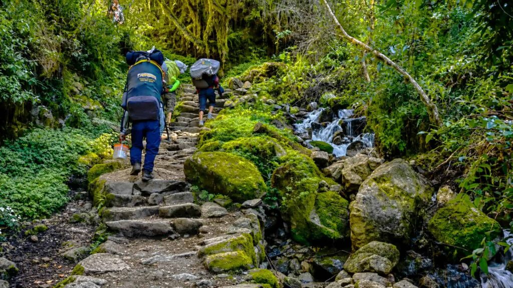 A photograph taken on the Inca Trail showing local porters and hikers climbing a steep stone path alongside a stream or waterfall. The porters are carrying the necessary camping gear, highlighting the logistics and physical effort required for this journey to Machu Picchu.