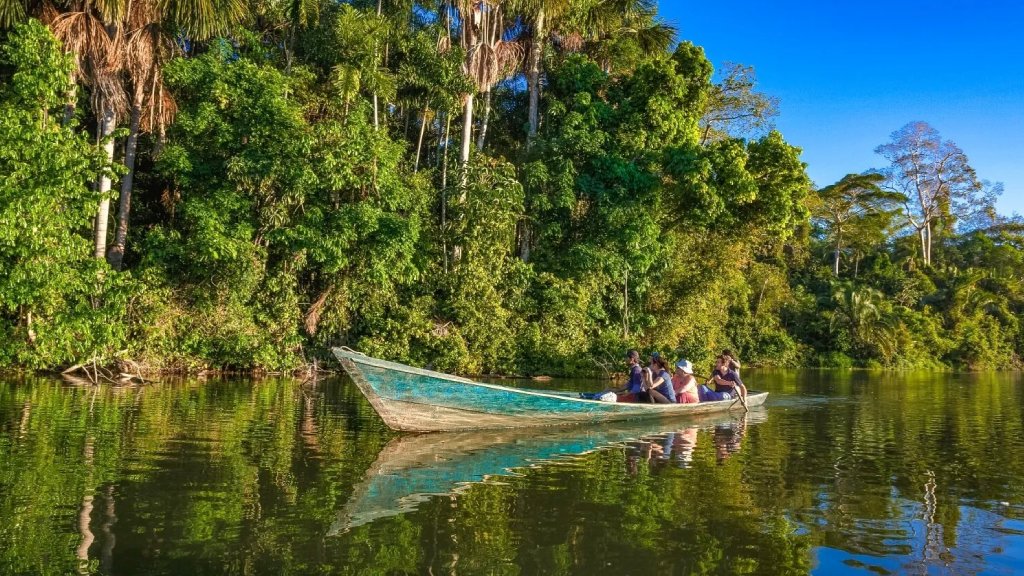 Tourists paddle a traditional canoe down a river surrounded by the lush tropical vegetation of Tambopata in the Peruvian Amazon.