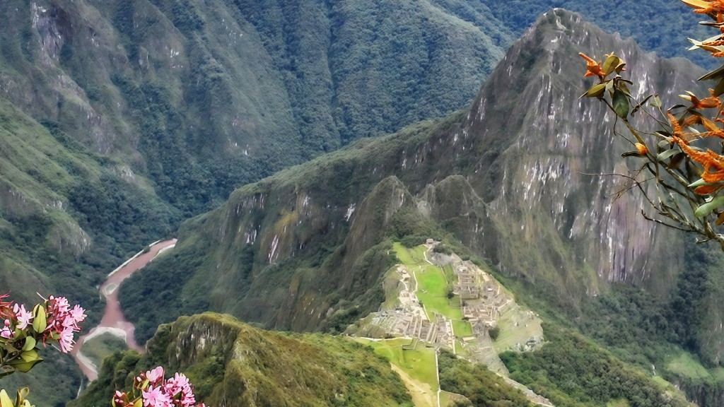Panoramic view of Machu Picchu and the Urubamba River from a high point along the Inca Trail