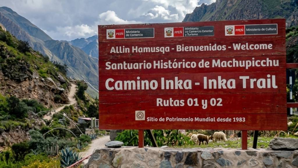 Official welcome sign for the Inca Trail and the Historic Sanctuary of Machu Picchu in Cusco, Peru.
