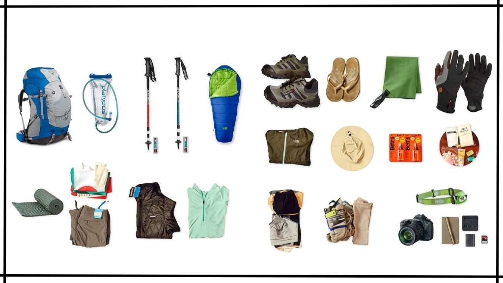 Visual checklist of clothing, footwear, and essential gear for the Inca Trail.