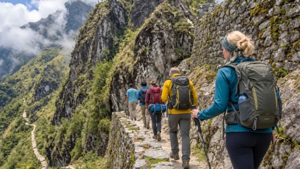 Group of hikers wearing jackets, carrying backpacks, and using trekking poles on the Inca Trail.