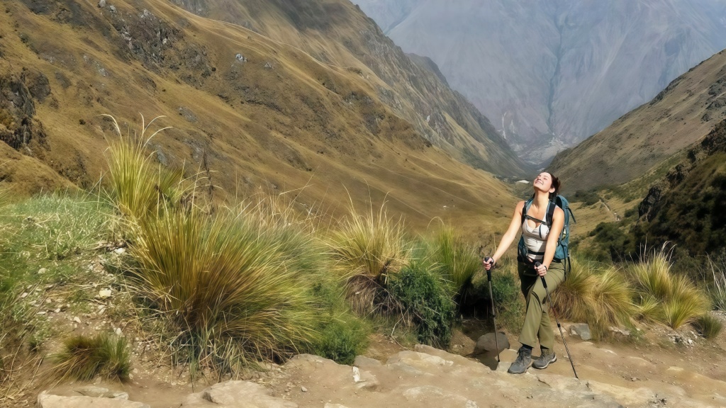 Hiker ascending the stone steps of Dead Woman’s Pass on the Inca Trail.