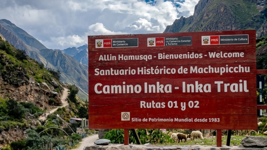 Welcome sign at Machu Picchu Historic Sanctuary with the surrounding mountains in the background.