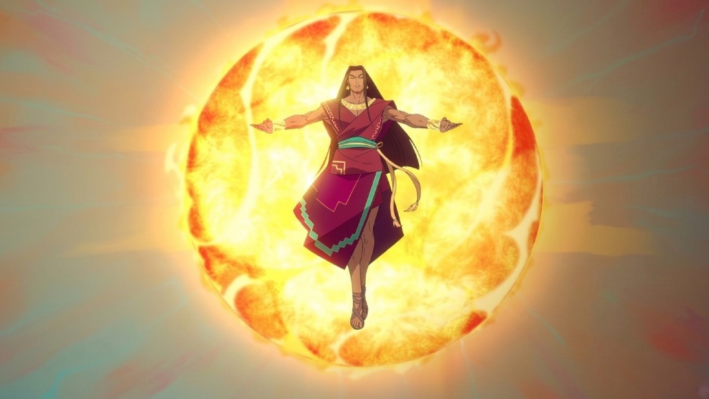 Illustration of Inti, the Inca sun god, adorned with golden ornaments and depicted within a radiant sun disk.